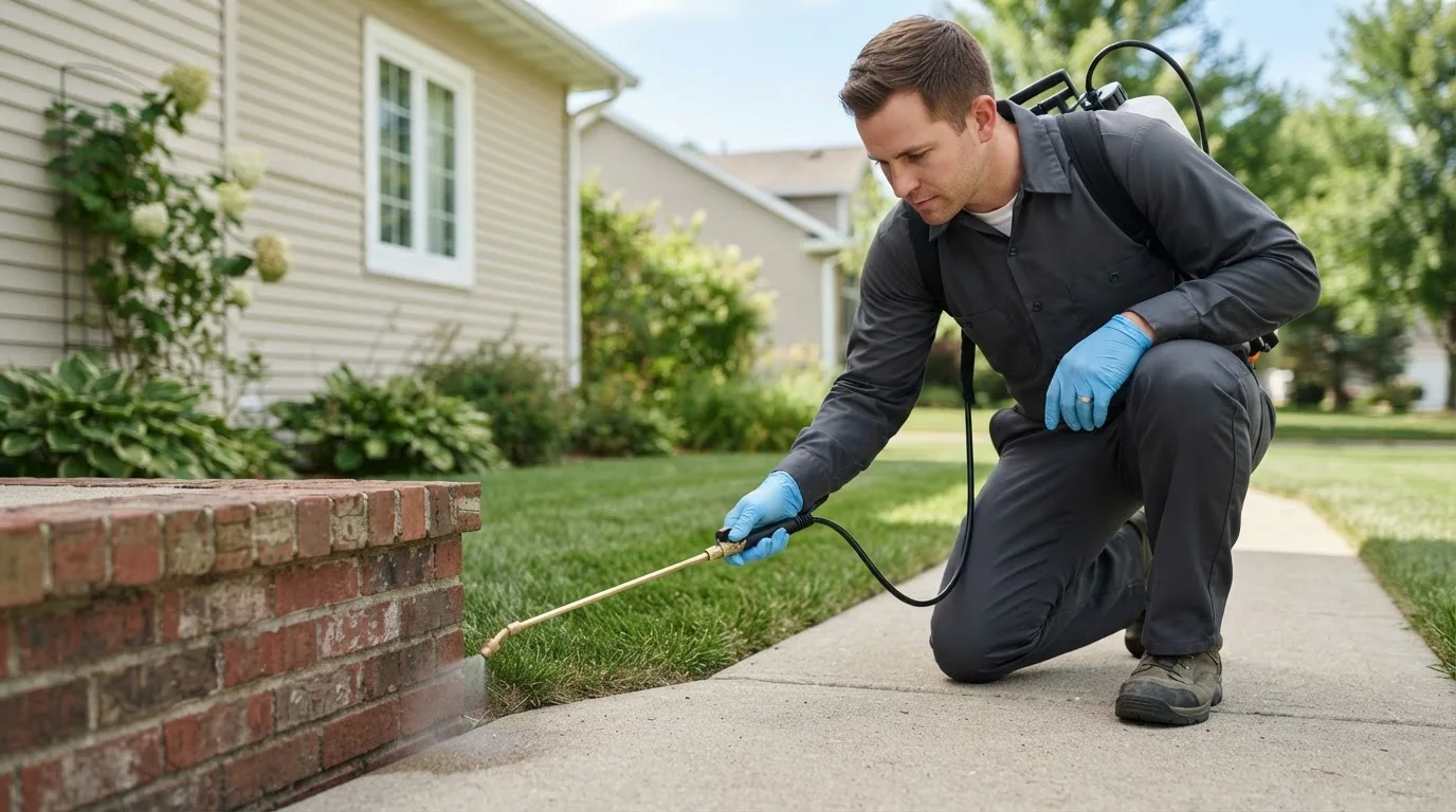 Pest control technician treating a home near Panama, NE