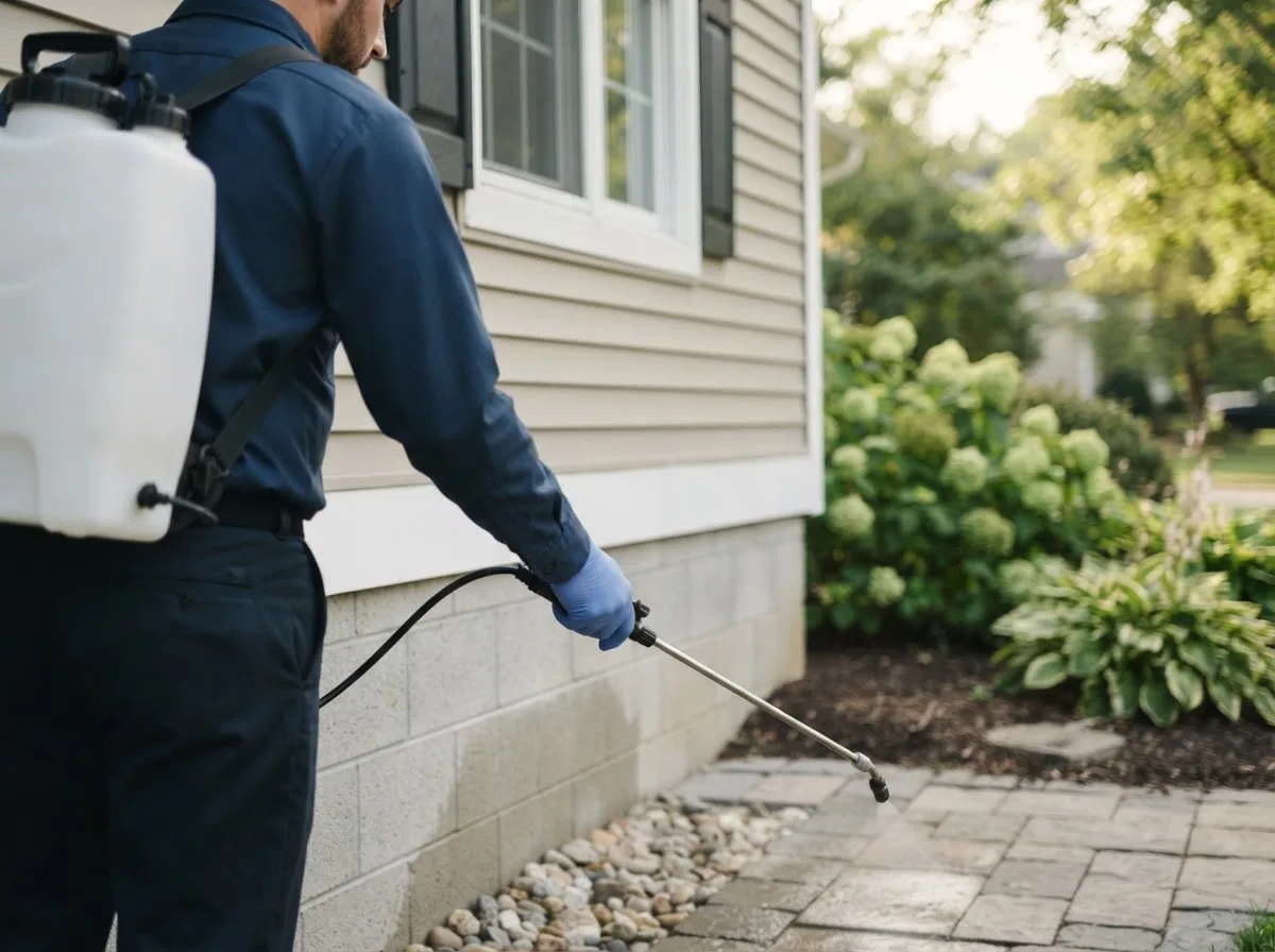 Pest control technician inspecting a home in Panama, NE
